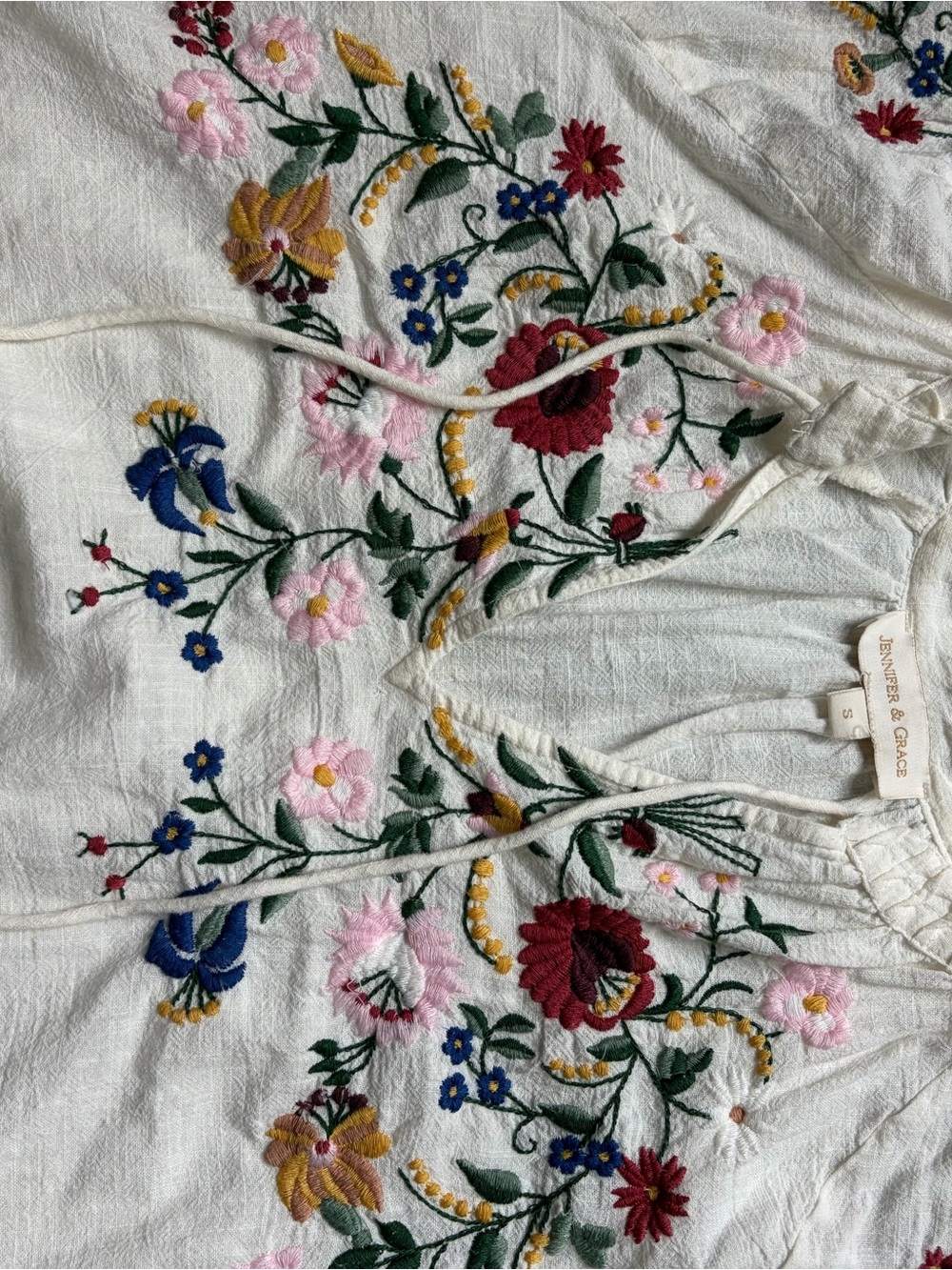 White V-Neck Embroidered Tunic Top with Floral Detail - Picture 3 of 5